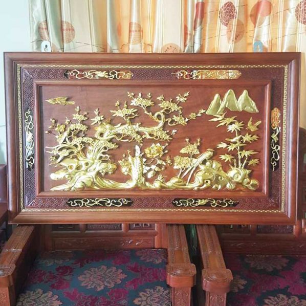 Tranh tứ quý gỗ hương dát vàng 86x145x5cm
